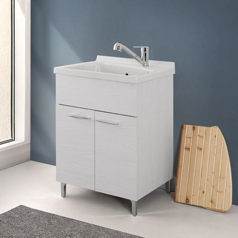 Mobile lavatoio 60x50 rovere bianco con vasca in ceramica Dolomite