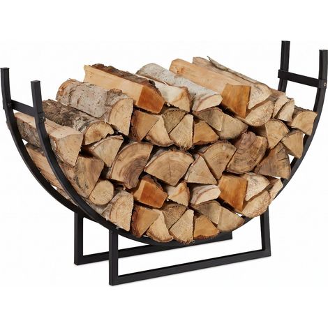 Cheminée, Range bûches rond, Bois, acier, étagère demi-lune, HxlxP: 55x92x21 cm, noir, 1 (1/5)