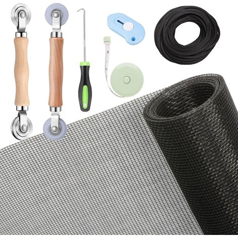Kit de réparation pour moustiquaires de fenêtres et de portes : toile en fibre de verre anthracite (48" x 118") avec roulette de pose, crochet, règle, cutter et joint de fixation (1/5)