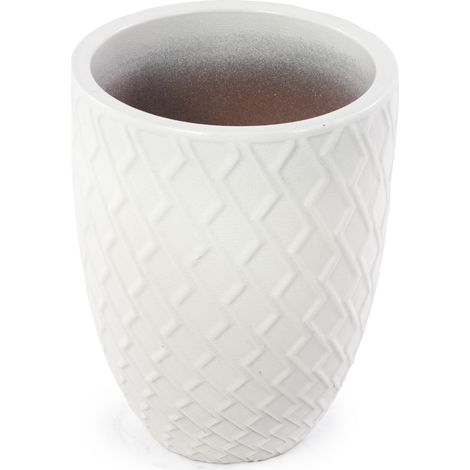 Maceta de cerámica grande hecha a mano 42 x 54 cm blanco brillante con relieve de rombos (1/5)