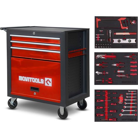 Servante d'atelier 3 tiroirs – Acier renforcé – Charge max 150kg – 101 accessoires inclus – Roues avec frein – Dimensions 740x460x775mm – Movitools (1/5)