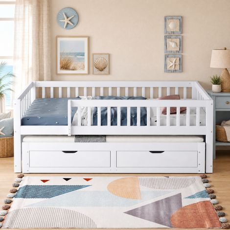 Cama sofá de madera 90x200 cm con barandilla, cama nido extraíble y 2 cajones, blanca (1/5)