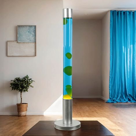 Lampe à lave XXL 76 cm – Design cylindrique en verre et métal – Cire verte et liquide bleu clair – Douille G9 jusqu'à 50W – Licht-Erlebnisse (1/5)