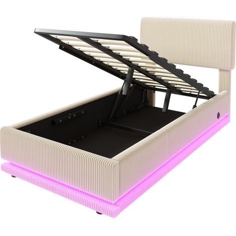 Cama con almacenaje tapizada 90x200 beige en pana, LED, USB-C, cabecero ajustable (1/5)