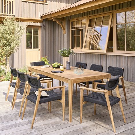 Salon de jardin en teck massif et cordage noir 8 places (1/5)