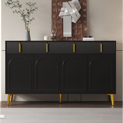 Aparador de MDF negro con 4 puertas, 4 cajones y estantes ajustables, patas y tiradores dorados, 140x38x82 cm (1/5)