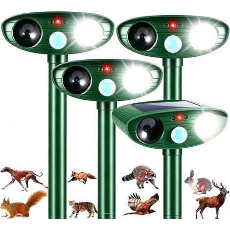 4er-Pack verbesserte Sonic Fortress Pro Wildabwehrgeräte mit Solar-Ultraschall, Bewegungsmelder und Blitzlicht für den Außenbereich – ideal zur Abwehr von Stinktieren, Kaninchen, Waschbären und Eichhö (1/5)