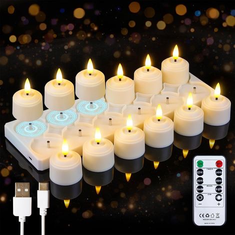 12 bougies chauffe-plat LED rechargeables - Avec télécommande et station de charge - Couleur ivoire - Minuterie - Sans flamme - Clignotantes - 4 x 5,5 cm (1/5)