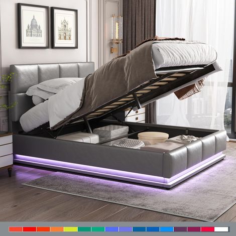 Cama almacén con iluminación LED, 140x200 cm - espacio de almacenaje hidráulico, tejido de ecocuero, cabecero acolchado - Gris (1/5)