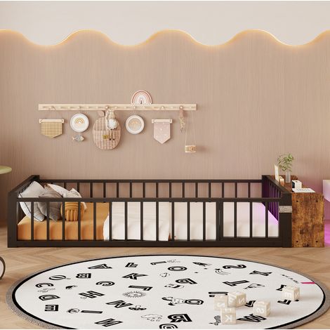 Cama infantil con barandilla y almacenaje LED negra OKMYHOME (1/5)