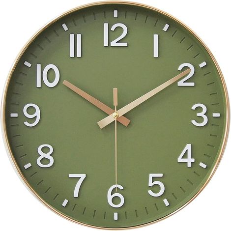 Orologio da parete a batteria (circa 30 cm), silenzioso e senza ticchettio, ideale per il soggiorno, la camera da letto, la cucina, l'ufficio o l'aula (verde oliva e oro).