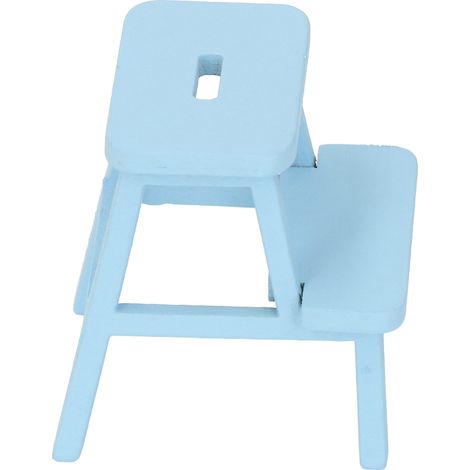 Tabouret miniature en bois à 4 pieds et 2 marches, échelle 1:12, pour maison de poupée (bleu). (1/5)