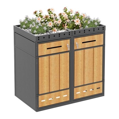 Unidad de almacenamiento de contenedores con techo verde, recinto para contenedores de 120-240 litros, armario para contenedores, caja para contenedores (1/5)