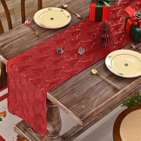 Chemise De Table Noel - Motif Flocon D Arbre De Noel En Broderie Dorée - Pour Salle A Manger Cuisine Salon - 180 X 28 Cm - 1 Piece