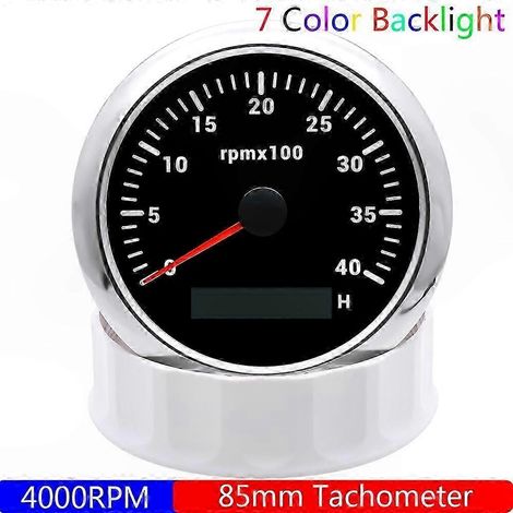 Tachymètre pour moteur diesel 85 mm avec compteur de tours/minute 3000/4000/6000/8000 tr/min, compteur horaire numérique, rétroéclairage 7 couleurs pour systèmes 12 V et 24 V. Taille : 4000 tr/min BS