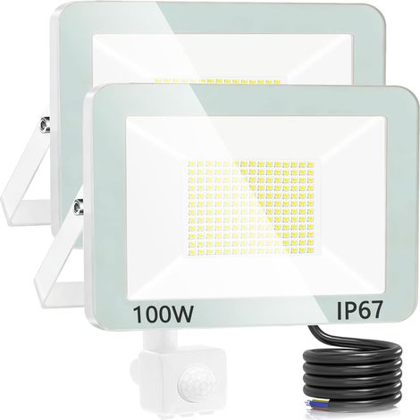 100W Projecteur LED Extérieur Détecteur de Mouvement, 2 Pièces IP67 Étanche Spot LED Extérieur Avec Detecteur, 10000LM Blanc Froid  Pour Entrées Patio Garage Jardin