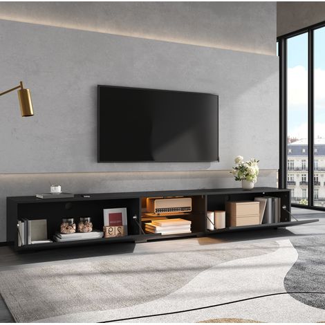 Mueble para TV (200x30x30 cm), con puertas de alto brillo, LED multicolor, MDF y tablero de partículas negro (1/5)