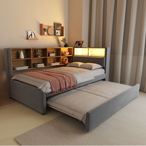 DESVIAE Canapé lit gigogne 90 x 200 avec lit tiroir 90 x 190 LED ports USB et Type C rangements tissu flanelle gris foncé (1/5)