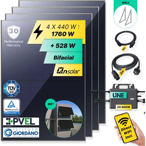 ROBINSUN®️ Kit Solar Enchufable Performance Wall-60 1.760Wp, 4 paneles QN 440Wp +2 Microinversores 800W con Wifi incluído +Cable 3m +4 Fijaciones 60º (1/5)