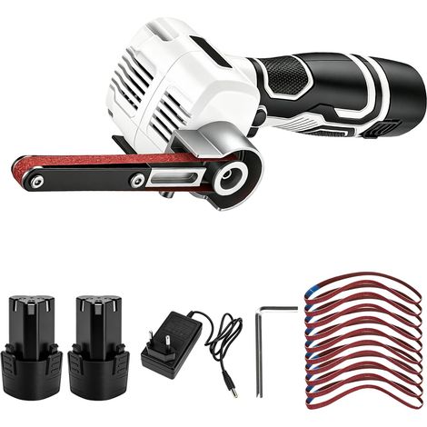 ponceuse à bande sans fil, avec 2 batteries 12 V et 10 bandes abrasives (80–320 grain), vitesse 28000 tr/min, adaptée pour ponçage du bois, métal et surfaces courbes (1/5)