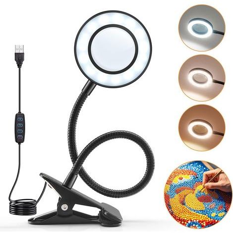 10X Loupe à Pince, 360° Flexible avec Lumière, 3 Couleurs, pour Bureau, Étude, Lecture, Loisirs et Artisanat
