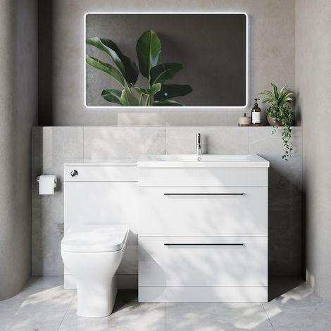 Napoli 460 Gloss White 1300mm 2 Drawer Vanity Unit Toilet Suite with Glide Basin - 1300mm - Chrome 480mm HandleWith Kingston Toilet Pan and Seat