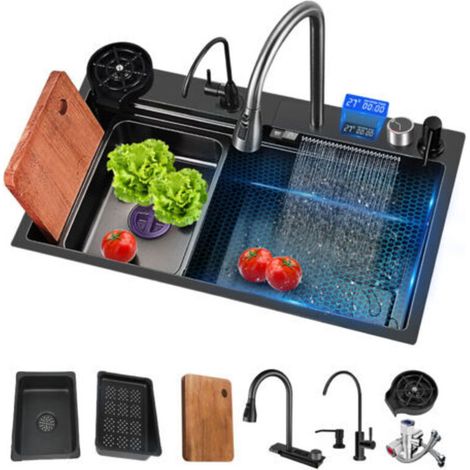 Évier de Cuisine Cascade Multifonctionne Evier Cuisine 1 Bac 80 x 45 cm, Robinetterie Extractible Rinceuse en Verre Evier à Poser avec Trous pour Robinets et Distributeurs de Savon B (1/5)