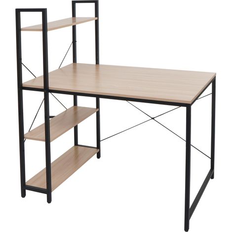 Bureau avec étagère HWC-K81 - table d'ordinateur portable table de travail - 100x60cm métal bois - naturel (1/5)