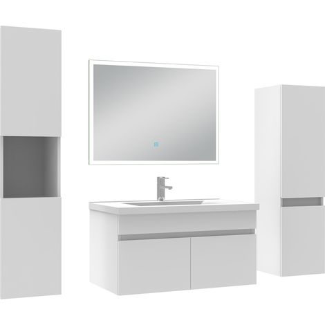 Ocean Ensemble meuble Salle de Bain 80cm simple vasque avec colonne + miroir lumineux dimmable blanc