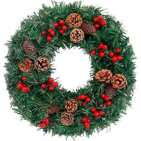 Couronne de Noël artificielle avec pommes de pin, baies rouges et guirlande lumineuse LED pour porte d'entrée, mur, décoration de style champêtre, extérieur, intérieur, articles de fête, 40 cm (1/5)