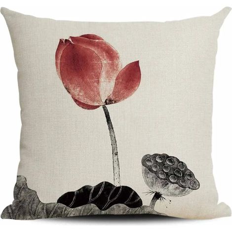 Housse De Coussin En Lin Mélangé Coton - Motif Peinture Chinoise Lotus - 60x60 cm - Pour Canapé Salon Chambre - 1 Pièce (1/5)