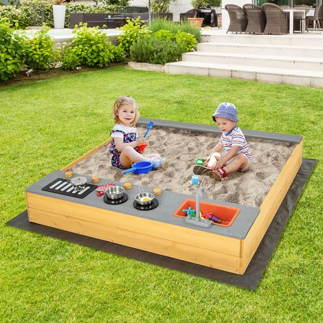Bac à sable enfant en bois avec cuisine de jeu et accessoires, banc et doublure en PP pour jardin, terrasse et plage (1/5)