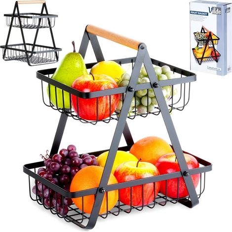 Cestino per la frutta in metallo nero, 2 ripiani, 27x17,5x29 cm (1/5)