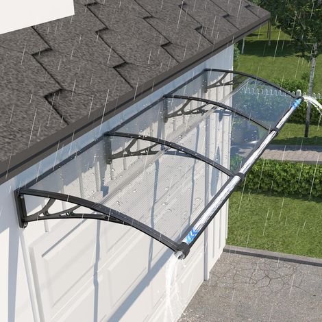 Marquise de Porte Extérieure 300x80cm Auvent avec Drainage pour Terrasse Anti-UV pluie vent neige, Polycarbonate 5mm, Résiste aux chocs, Support ABS anti-rouille, pour Fenêtre, Balcon, Terrasse (1/5)