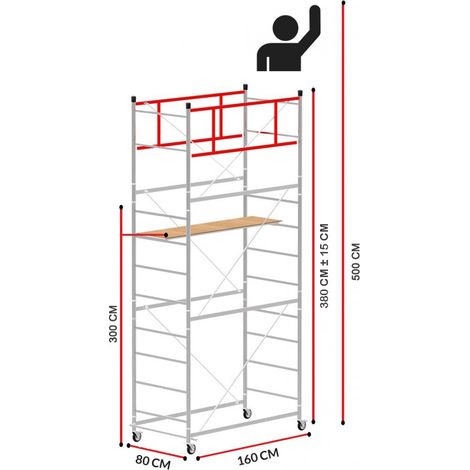 Scedil – Échafaudage 5m – Acier galvanisé électrolytique – Hauteur de travail 500cm – Largeur 80cm – Longueur 160cm – Charge maximale 70kg