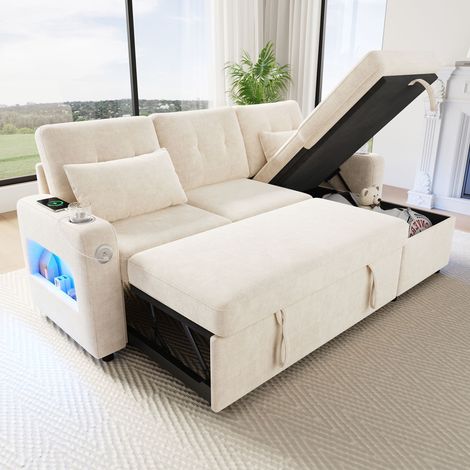 Seyakany Canapé convertible 3 places avec LED,USB,porte-gobelets, poches latérales,rangement,canapé d'angle en L,canapé 3 places,chenille,beige (1/5)