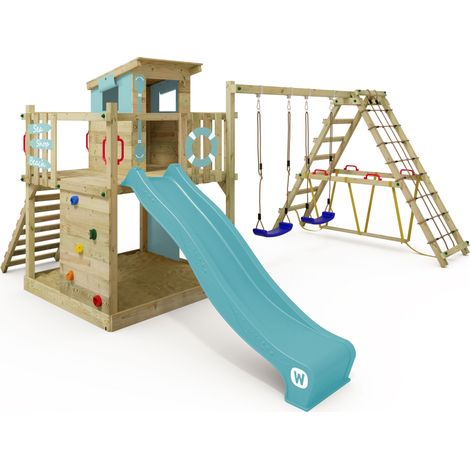 Torre de escalada de madera Wickey Smart Surf con Tobogan y Escalada en azul cielo