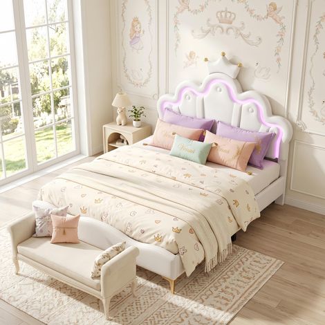 Doppelbett 140x190 cm Prinzessin Weiß, gepolstertes Kopfteil mit LED-Beleuchtung, romantisches Design, inkl. Lattenrost (1/5)