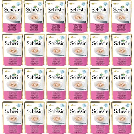 SCHESIR Alimento umido per gatti con filetti di pollo e prosciutto, confezione singola da 24 x 50 g (1/2)