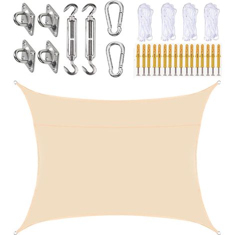 Waterproof rectangular shade sail 200 x 300 cm, 95% UV protection, with fixing kit and ropes, for garden rain shelters, yellow (1/5)
