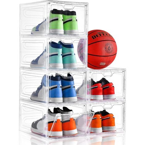 Lot de 6 grandes boîtes à chaussures en plastique, empilables, porte magnétique, facile à assembler, pour chaussures de pointure 46, transparente (1/5)