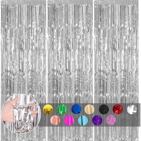 3 pièces Rideau Métallique Frange Argent, 1mx2m Scintillants Foil Rideau Shimmer Décoration Anniversaire Foil Argent RIDEAU (1/5)