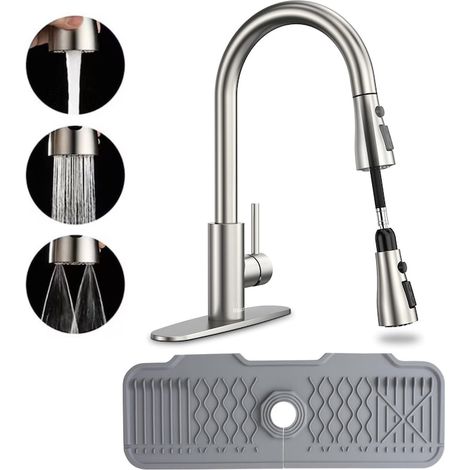 Robinet d'évier de cuisine, pivotant à 360°, douchette extractible, 3 modes jet continu/jet/pause, kit d'installation complet, tapis de protection d'évier inclus, acier inoxydable, argent mat (1/5)