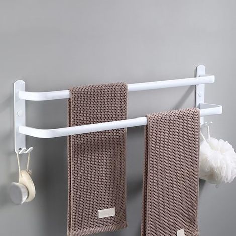 Porte-Serviette Mural Blanc sans Percage 40cm - Barre Aluminium 2 Crochets pour Salle de Bain et Cuisine