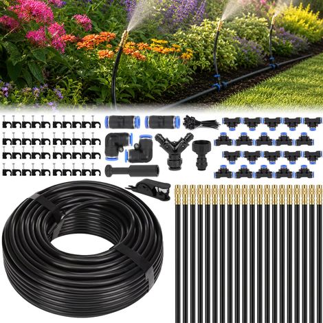 Système d'arrosage automatique de jardin à 360 °, 20 m, kit complet avec 20 buses de pulvérisation réglables, brume et irrigation goutte à goutte, pour balcon, serre, parterre surélevé, plantes (1/5)