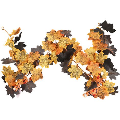 (2 Stück pro Packung) (Jede Girlande wird mit zwei Haken geliefert) (Girlande aus roten und schwarzen Ahornblättern und schwarzem Kürbis) Herbstliche Halloween-Wanddekoration, künstliche Ahornblattgir (1/5)