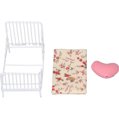 Lit blanc motif floral avec cadre métallique réaliste pour maison de poupée 1:12, ensemble de lit miniature, coussin décoratif inclus (1/5)