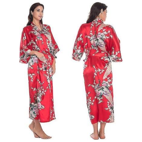 Peignoir kimono long en satin de soie douce et luxueuse pour femme, robe de chambre, vêtement de nuit - XL - Rouge (1/3)