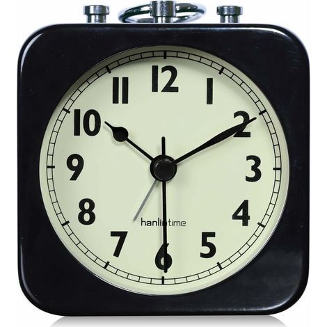 Alarm Clock Analog Black Square Silent Small Metal Travel Alarm Clocks for Kids Bedroom Bedside Living Room Office Black