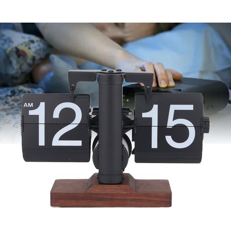 Reloj de mesa plegable de 12 pulgadas de alto: marco negro, números blancos, movimiento automático retro, base de madera (acero inoxidable 304 y PVC). (1/5)